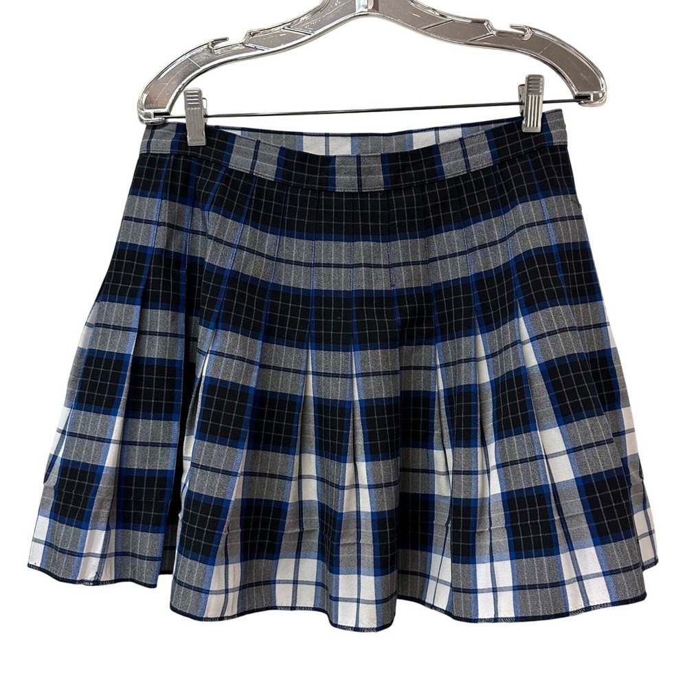 Mills Blue Black White Plaid Pleated Schoolgirl Mini Skirt Side Zip Size L